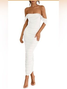 PRETTYGARDEN Summer Off The Shoulder Dress Ruched Bodycon Sleeveless Split